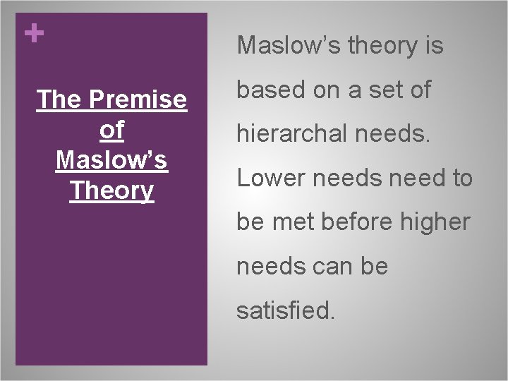 + The Premise of Maslow’s Theory Maslow’s theory is based on a set of