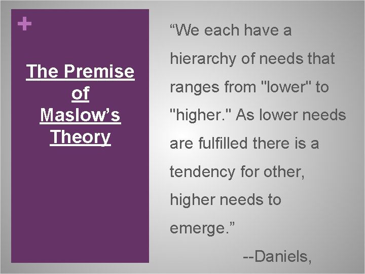 + The Premise of Maslow’s Theory “We each have a hierarchy of needs that