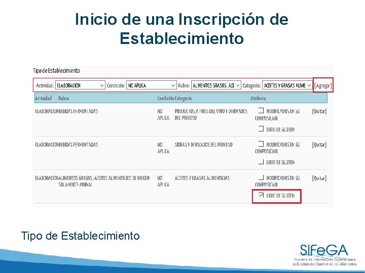 Inicio de una Inscripción de Establecimiento Tipo de Establecimiento 