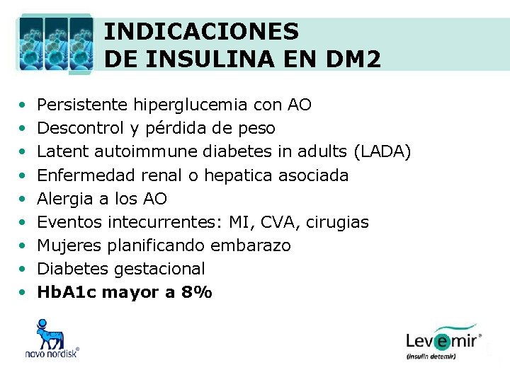 INDICACIONES DE INSULINA EN DM 2 • • • Persistente hiperglucemia con AO Descontrol