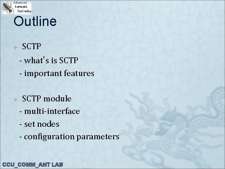 Outline SCTP - what's is SCTP - important features SCTP module - multi-interface -