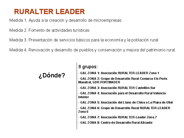RURALTER LEADER Medida 1. Ayuda a la creación y desarrollo de microempresas Medida 2.
