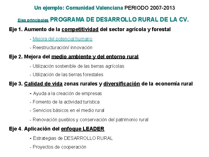 Un ejemplo: Comunidad Valenciana PERIODO 2007 -2013 Ejes principales PROGRAMA DE DESARROLLO RURAL DE