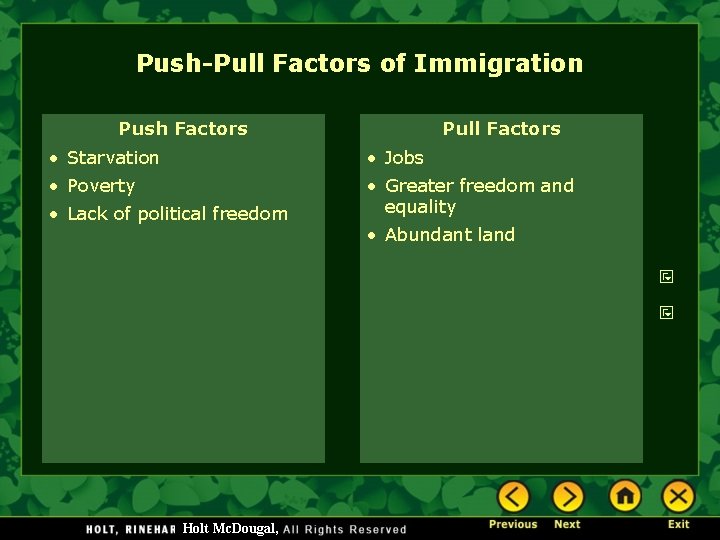 Push-Pull Factors of Immigration Push Factors Pull Factors • Starvation • Jobs • Poverty