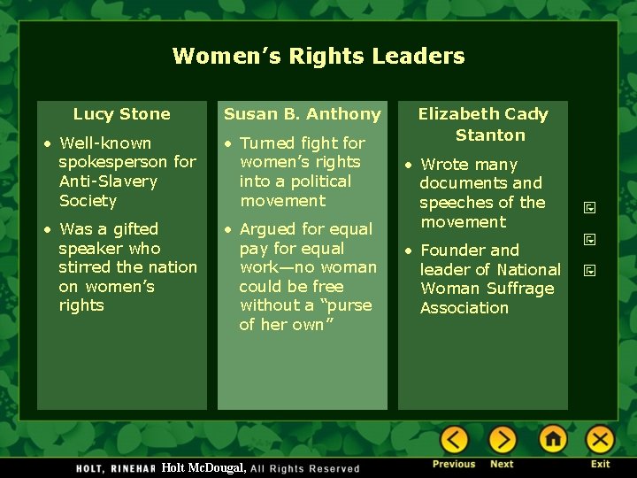 Women’s Rights Leaders Lucy Stone Susan B. Anthony • Well-known spokesperson for Anti-Slavery Society