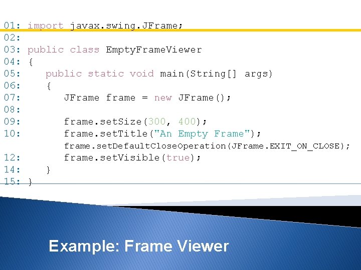 01: import javax. swing. JFrame; 02: 03: public class Empty. Frame. Viewer 04: { 01: import javax. swing. JFrame; 02: 03: public class Empty. Frame. Viewer 04: {