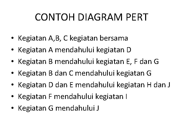 CONTOH DIAGRAM PERT • • Kegiatan A, B, C kegiatan bersama Kegiatan A mendahului