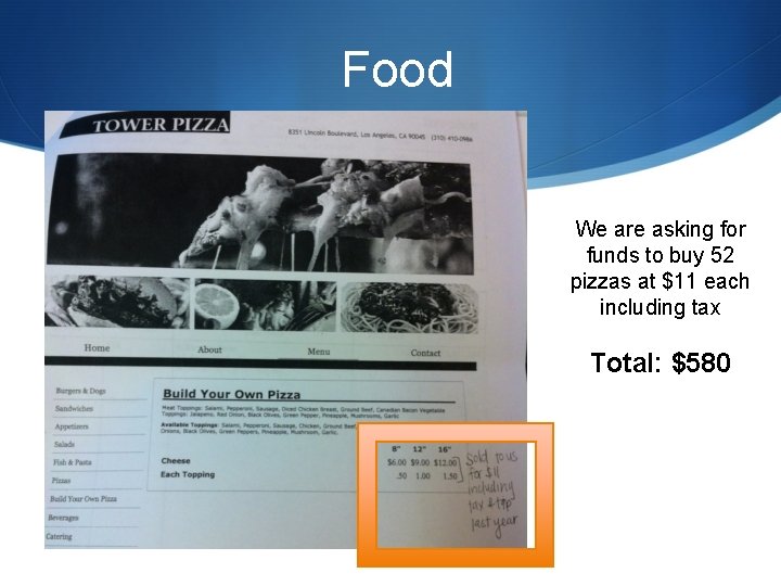 Food We are asking for funds to buy 52 pizzas at $11 each including