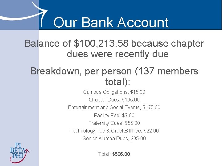 Our Bank Account Balance of $100, 213. 58 because chapter dues were recently due