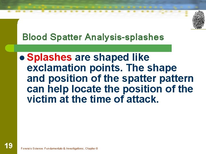 Blood Spatter Analysis-splashes l Splashes are shaped like exclamation points. The shape and position