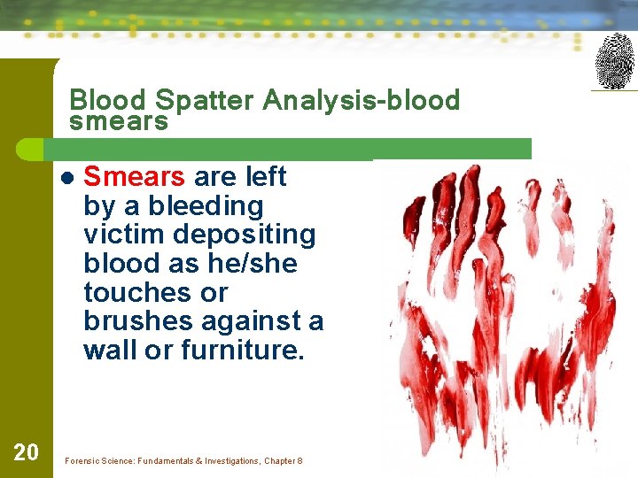 Blood Spatter Analysis-blood smears l 20 Smears are left by a bleeding victim depositing