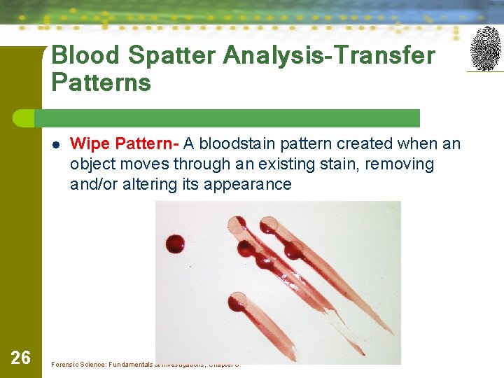 Blood Spatter Analysis-Transfer Patterns l 26 Wipe Pattern- A bloodstain pattern created when an