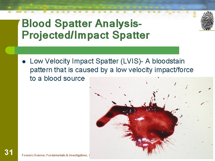 Blood Spatter Analysis. Projected/Impact Spatter l 31 Low Velocity Impact Spatter (LVIS)- A bloodstain