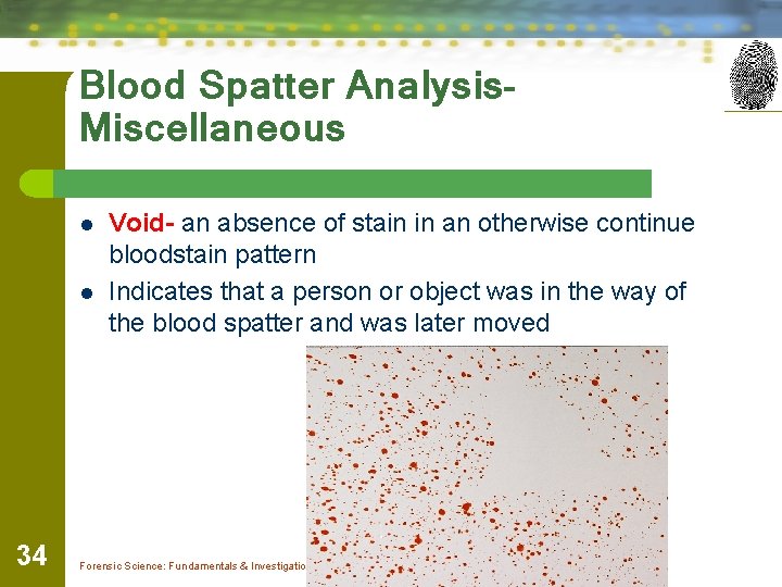 Blood Spatter Analysis. Miscellaneous l l 34 Void- an absence of stain in an