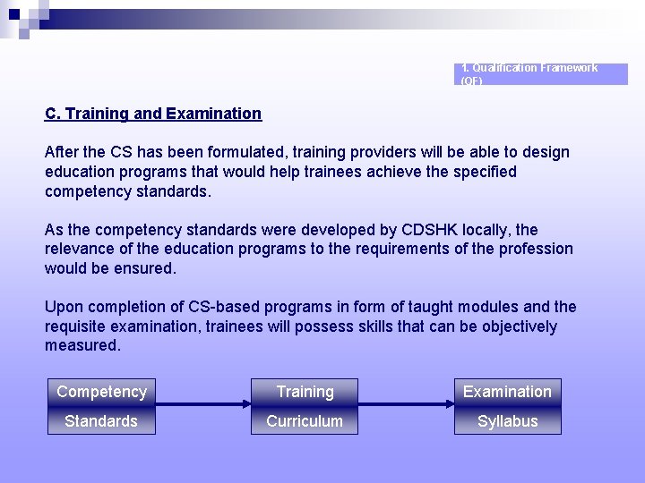 1. Qualification Framework (QF) C. Training and Examination After the CS has been formulated,