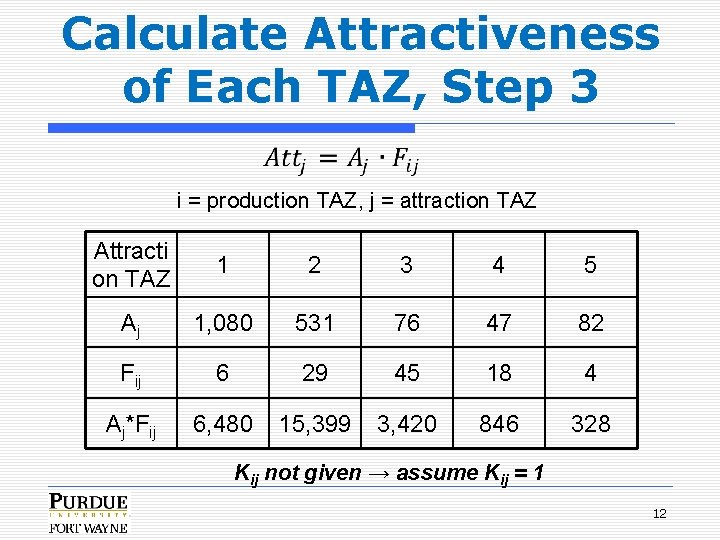 Calculate Attractiveness of Each TAZ, Step 3 i = production TAZ, j = attraction