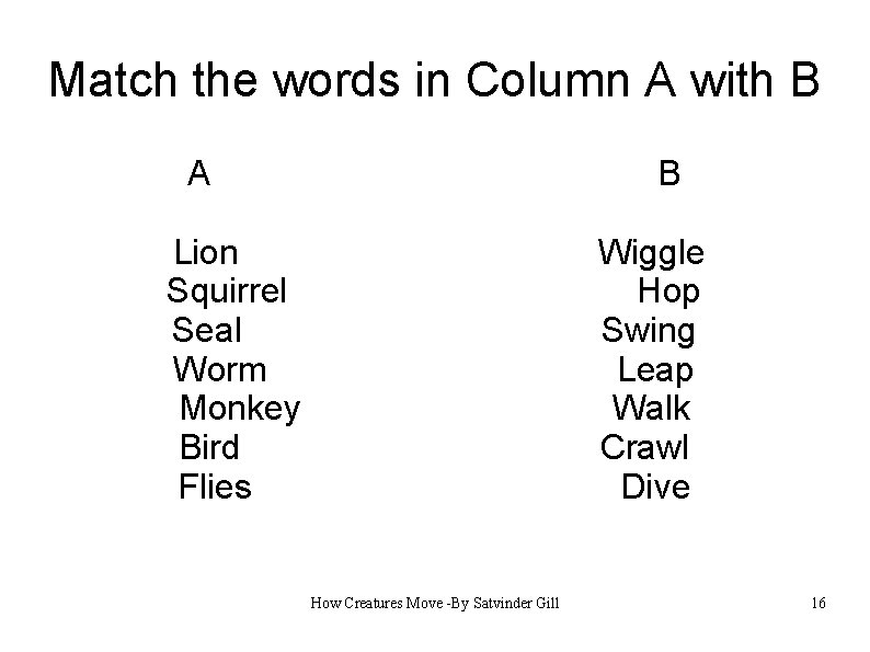 Match the words in Column A with B A B Lion Squirrel Seal Worm