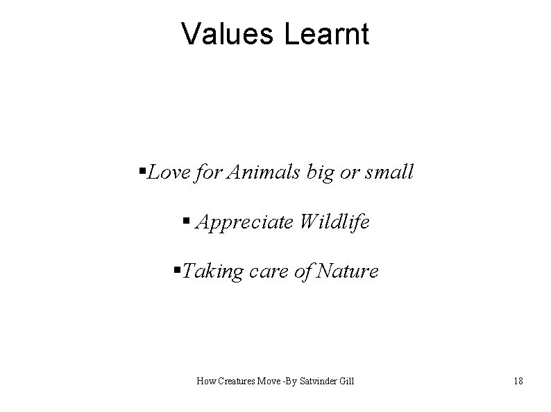 Values Learnt §Love for Animals big or small § Appreciate Wildlife §Taking care of
