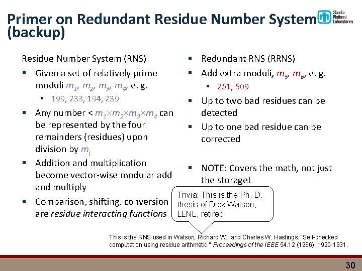 Primer on Redundant Residue Number System (backup) Residue Number System (RNS) § Given a