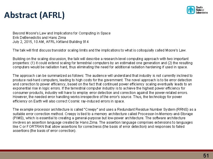 Abstract (AFRL) Beyond Moore’s Law and Implications for Computing in Space Erik De. Benedictis
