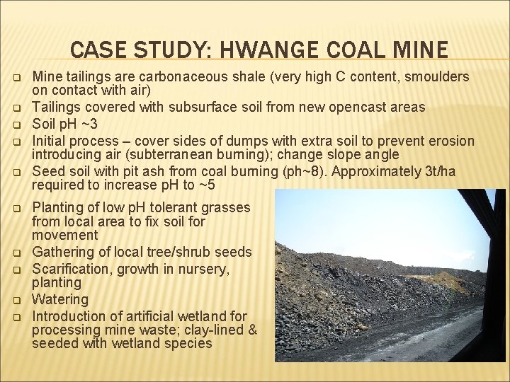 CASE STUDY: HWANGE COAL MINE q q q q q Mine tailings are carbonaceous