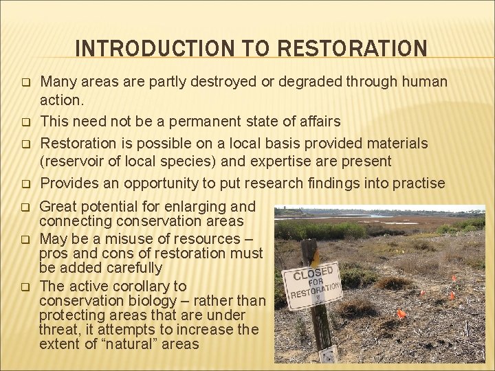 INTRODUCTION TO RESTORATION q q q q Many areas are partly destroyed or degraded