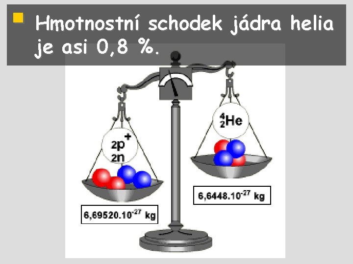 § Hmotnostní schodek jádra helia je asi 0, 8 %. 