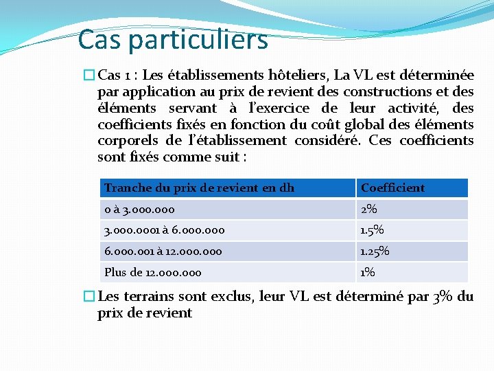 Cas particuliers �Cas 1 : Les établissements hôteliers, La VL est déterminée par application