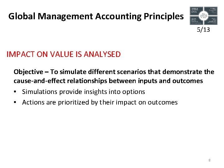 Global Management Accounting Principles 5/13 IMPACT ON VALUE IS ANALYSED Objective – To simulate