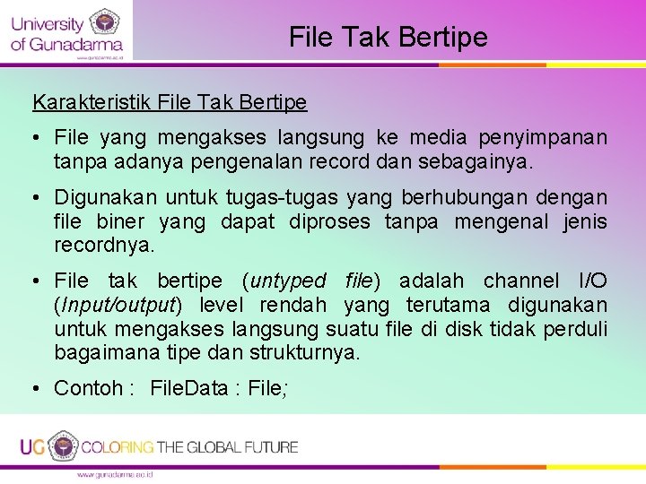 File Tak Bertipe Karakteristik File Tak Bertipe • File yang mengakses langsung ke media