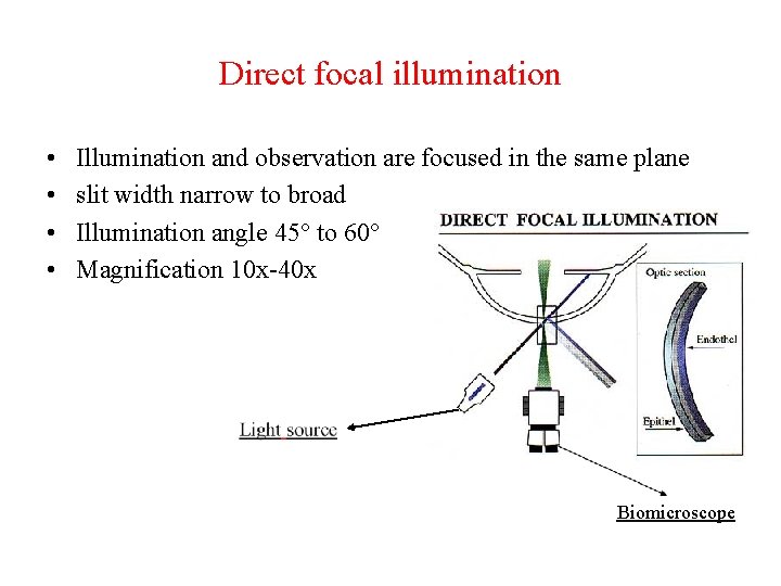 Direct focal illumination • • Illumination and observation are focused in the same plane