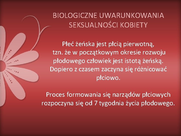 BIOLOGICZNE UWARUNKOWANIA SEKSUALNOŚCI KOBIETY Płeć żeńska jest płcią pierwotną, tzn. że w początkowym okresie