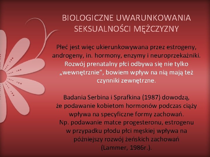 BIOLOGICZNE UWARUNKOWANIA SEKSUALNOŚCI MĘŻCZYZNY Płeć jest więc ukierunkowywana przez estrogeny, androgeny, in. hormony, enzymy