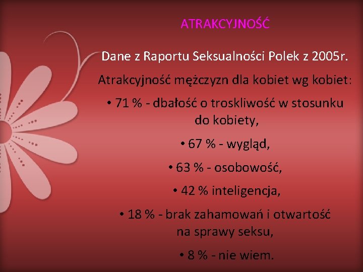 ATRAKCYJNOŚĆ Dane z Raportu Seksualności Polek z 2005 r. Atrakcyjność mężczyzn dla kobiet wg