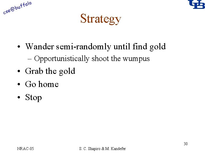 alo @ cse f buf Strategy • Wander semi-randomly until find gold – Opportunistically