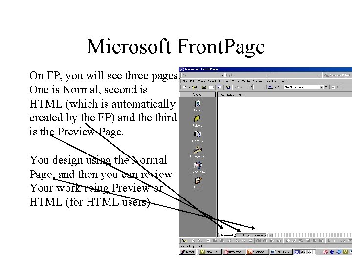 Microsoft Front. Page On FP, you will see three pages. One is Normal, second