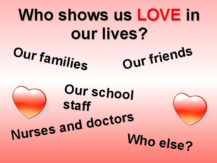 Who shows us LOVE in our lives? Our fa milies s d n e