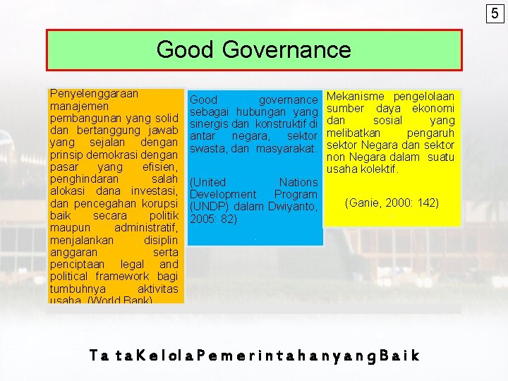 5 Good Governance Penyelenggaraan manajemen pembangunan yang solid dan bertanggung jawab yang sejalan dengan