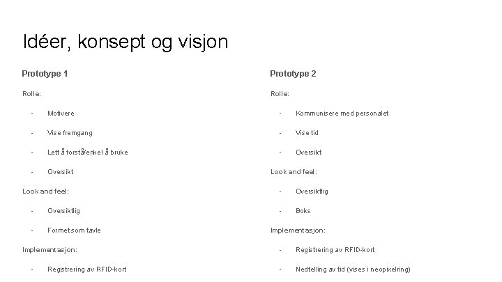 Idéer, konsept og visjon Prototype 1 Prototype 2 Rolle: - Motivere - Kommunisere med