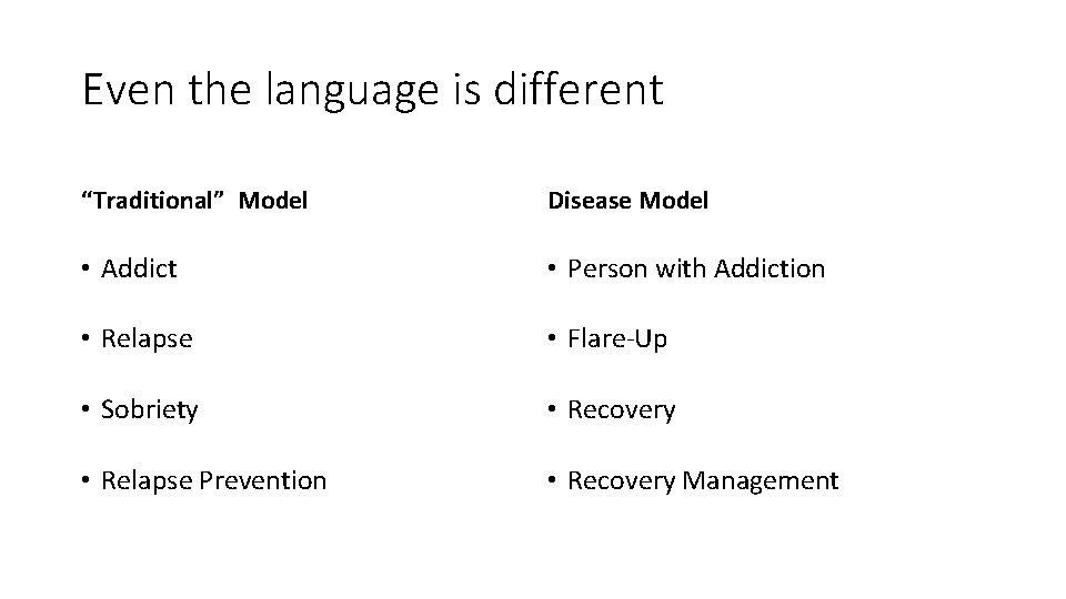 Even the language is different “Traditional” Model Disease Model • Addict • Person with