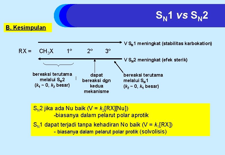 SN 1 vs SN 2 B. Kesimpulan V SN 1 meningkat (stabilitas karbokation) RX