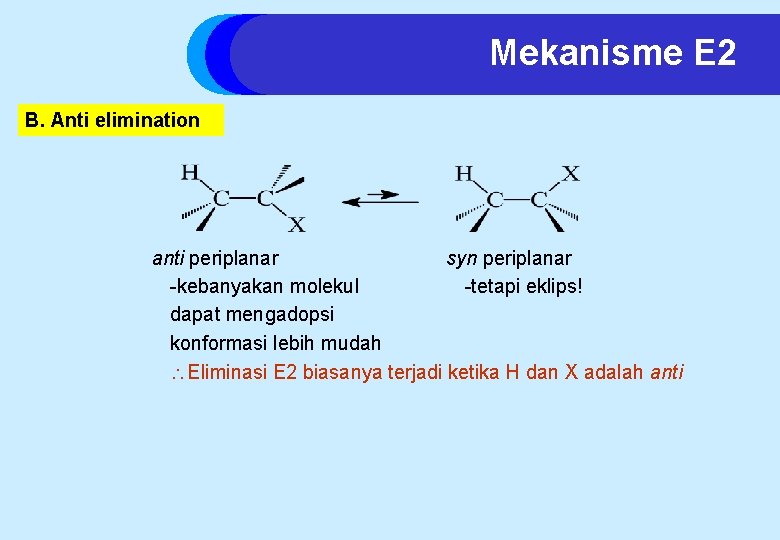 Mekanisme E 2 B. Anti elimination anti periplanar syn periplanar -kebanyakan molekul -tetapi eklips!