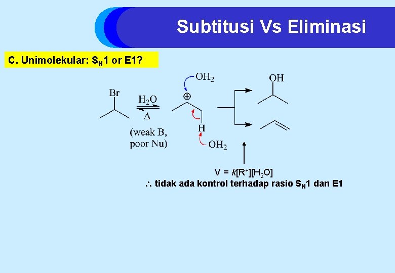 Subtitusi Vs Eliminasi C. Unimolekular: SN 1 or E 1? V = k[R+][H 2