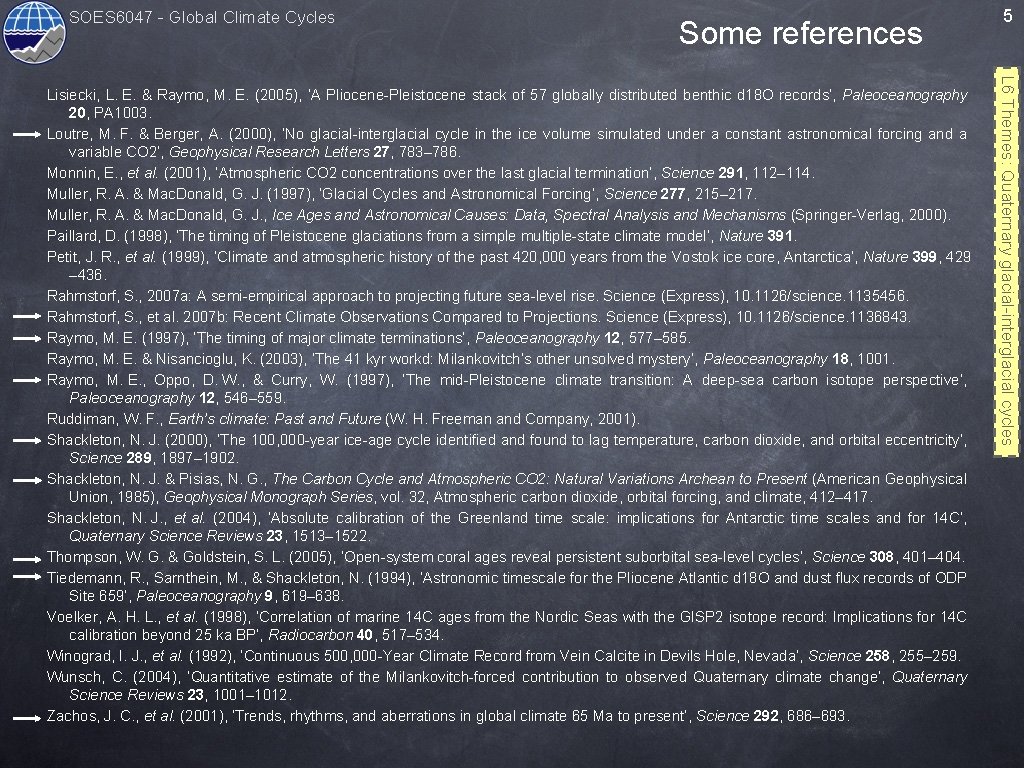 SOES 6047 - Global Climate Cycles Some references L 6 Themes: Quaternary glacial-interglacial cycles