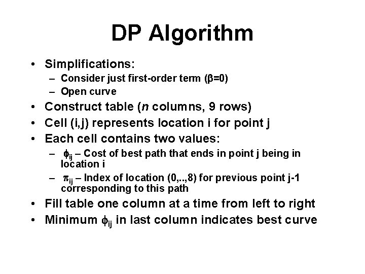 DP Algorithm • Simplifications: – Consider just first-order term (b=0) – Open curve •