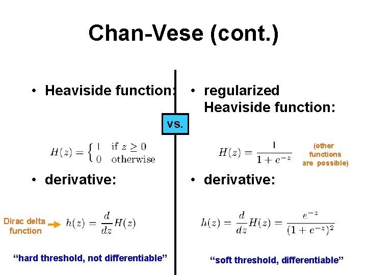 Chan-Vese (cont. ) • Heaviside function: • regularized Heaviside function: vs. (other functions are