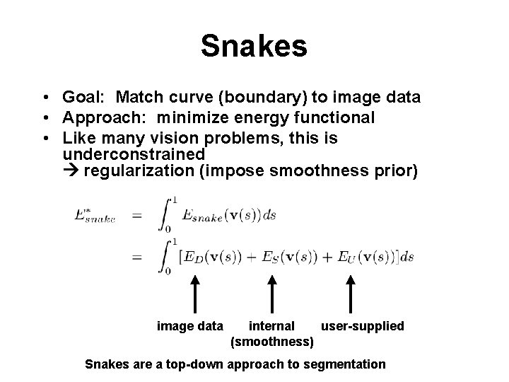 Snakes • Goal: Match curve (boundary) to image data • Approach: minimize energy functional