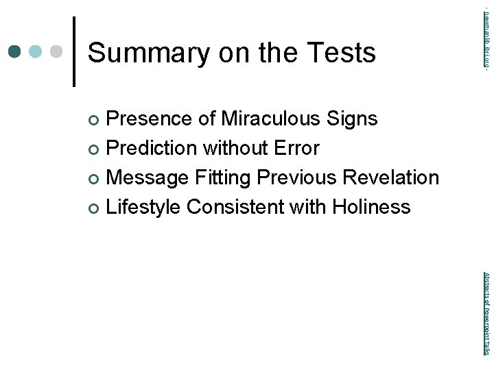 - newmanlib. ibri. org - Summary on the Tests Presence of Miraculous Signs ¢