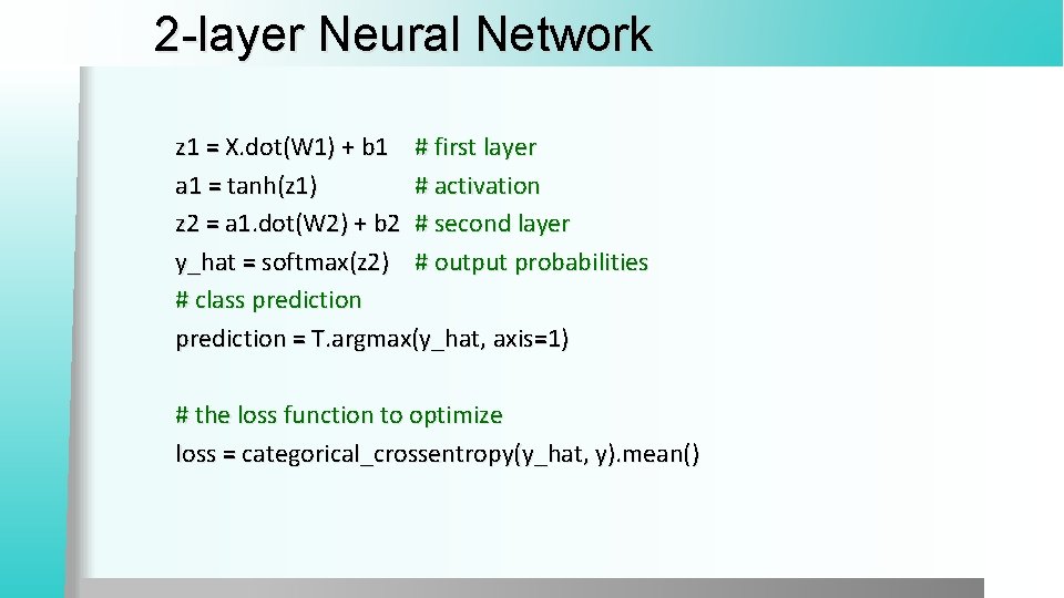 2 -layer Neural Network z 1 = X. dot(W 1) + b 1 #