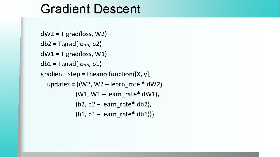 Gradient Descent d. W 2 = T. grad(loss, W 2) db 2 = T.